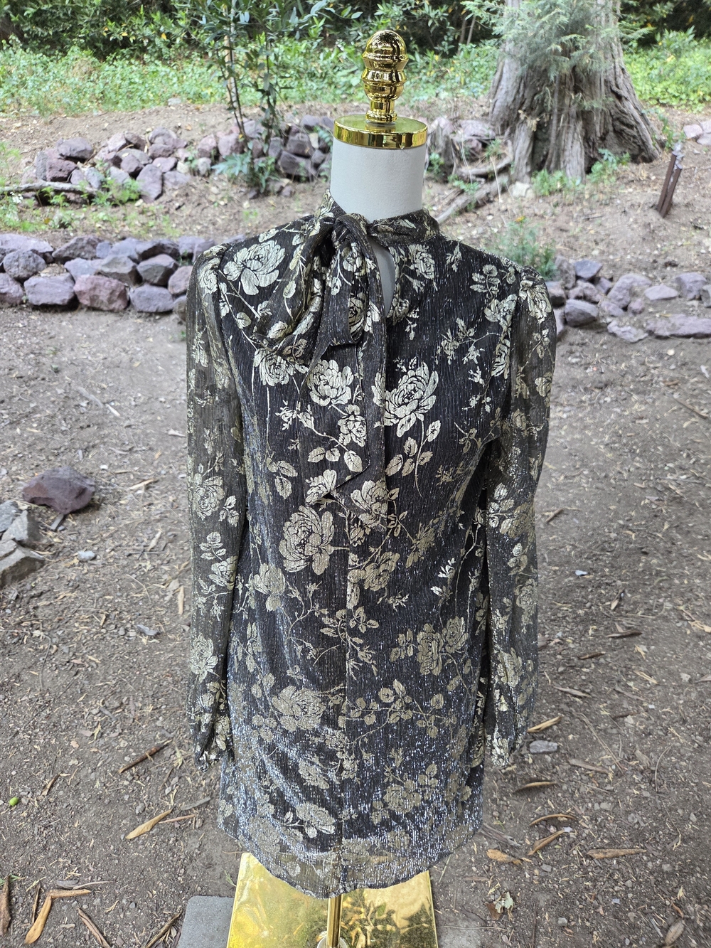Chembery Vintage Style  Women’s Black and Gold‎ Floral Tie-Neck Dress